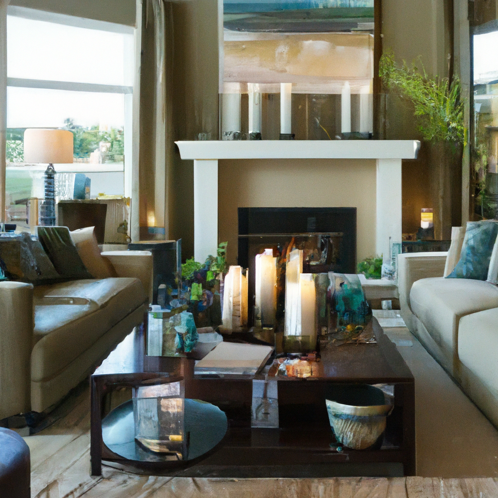 Create an image of a cozy, elegantly designed living room infused with the soft glow of several New Zealand scented candles placed strategically around the space. The room features contemporary furniture with earth-toned accents and is adorned with minimalistic decor elements inspired by New Zealand