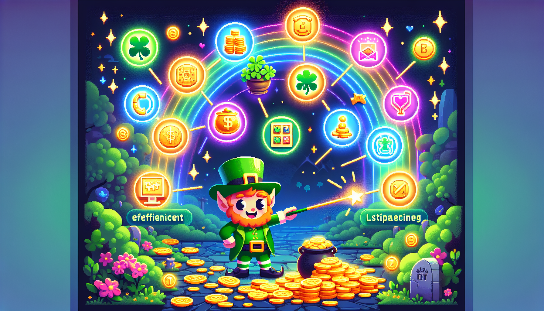 A vibrant and colorful scene featuring the slot game Rainbow Riches. The image showcases strategies for maximizing success, with visual elements such as expert tips displayed on a chalkboard or sign. A cheerful leprechaun character is pointing with a wand to various strategic tips and advice, including icons representing bankroll management, avoiding common pitfalls, and leveraging bonus features like Road to Riches, Wishing Well, and Pots of Gold. The background includes elements from the game like rainbows, gold coins, and enchanted forest scenery, emphasizing both the magical and strategic aspects of winning in Rainbow Riches.
