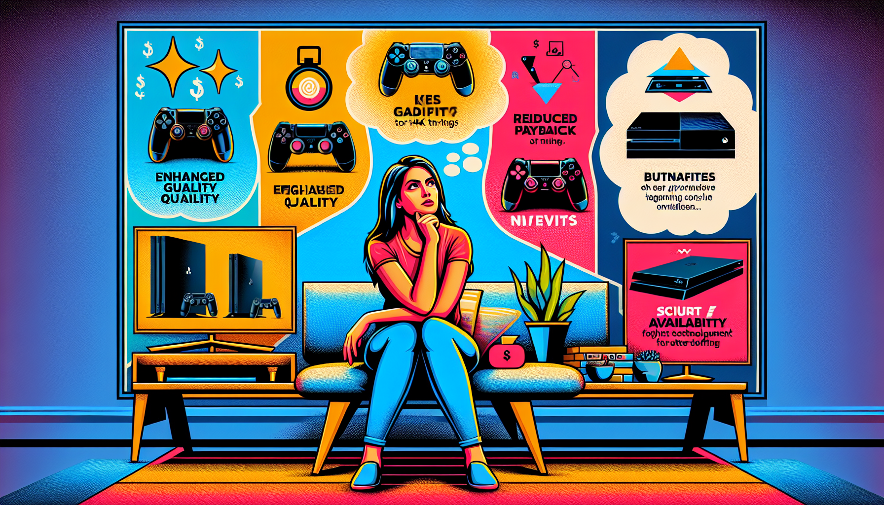 Create an image showcasing a gamer in a living room setting, weighing the decision of upgrading to the new PS4 Pro. On one side, depict the benefits such as enhanced graphics on a 4K TV, reduced lag, and smoother gameplay. On the other side, illustrate potential drawbacks like a high price tag, limited availability, and considerations for future-proofing. Include a comparison with other gaming consoles, showcasing their features in the background.