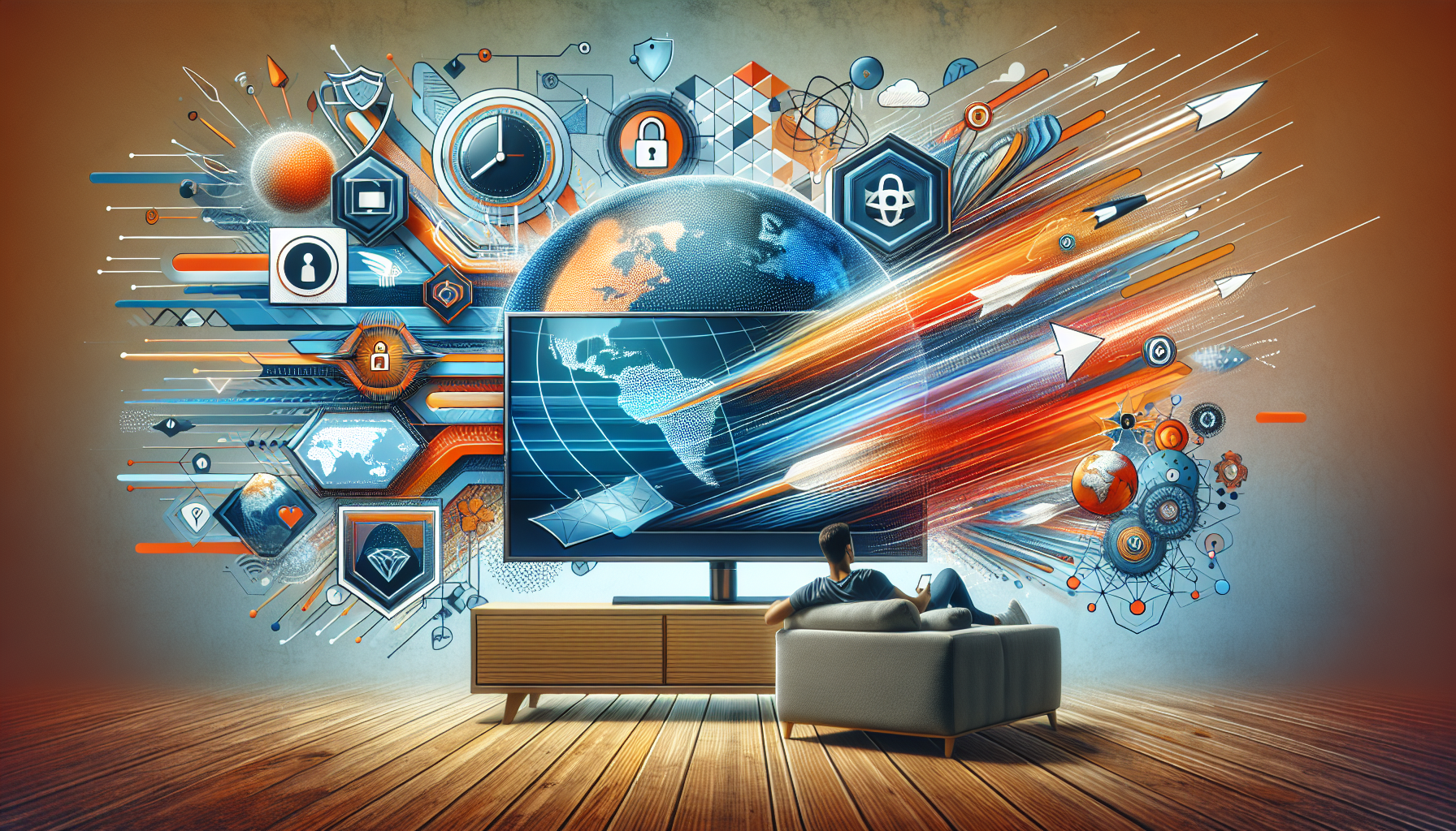 Create an image that highlights the advantages of using Smart DNS CyberGhost. The scene showcases a person relaxing on a couch and enjoying various geo-restricted streaming platforms on a modern Smart TV. Include elements that suggest fast browsing speeds, such as dynamic and flowing internet symbols. Additionally, represent the privacy and security aspect with subtle icons like a padlock or shield in the background. Make sure the image conveys the seamless and secure access to content from different parts of the world.