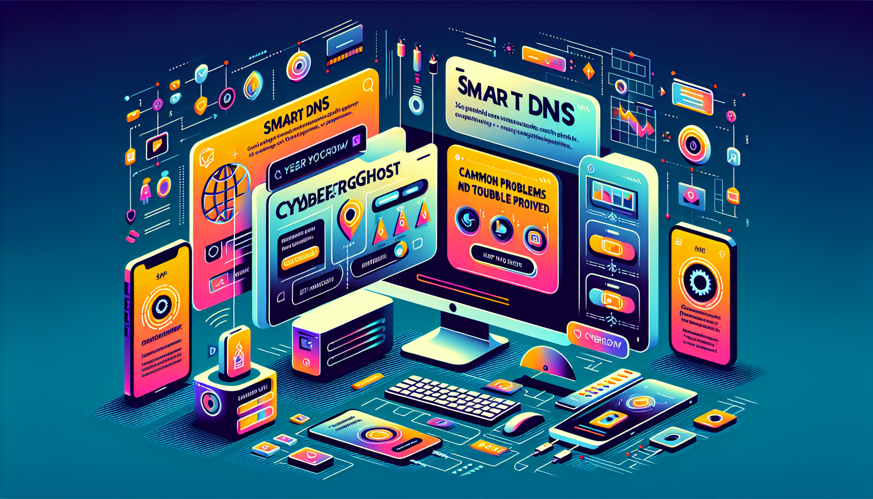 Create an image that features a step-by-step guide to setting up Smart DNS CyberGhost on multiple devices, such as a PC, mobile phone, and Smart TV. The image should include visual representations of each device, along with annotated instructions and icons depicting the installation and configuration process. Additionally, incorporate elements that reflect troubleshooting common issues and a sleek, tech-savvy design. Use the phrase smart dns cyberghost prominently in the image text to emphasize the keyword.