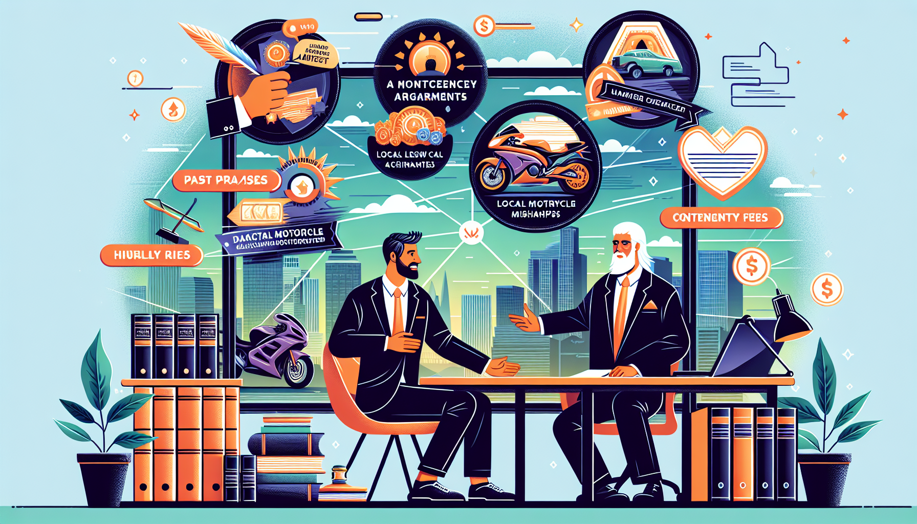 DALL-E prompt: A seasoned motorcycle damage lawyer in an urban office setting discussing different payment structures (including contingency fees and hourly rates) with a client. The lawyer has a visible track record displayed with client testimonials and court case successes related to motorcycle accidents. Also, include visuals indicating the lawyer