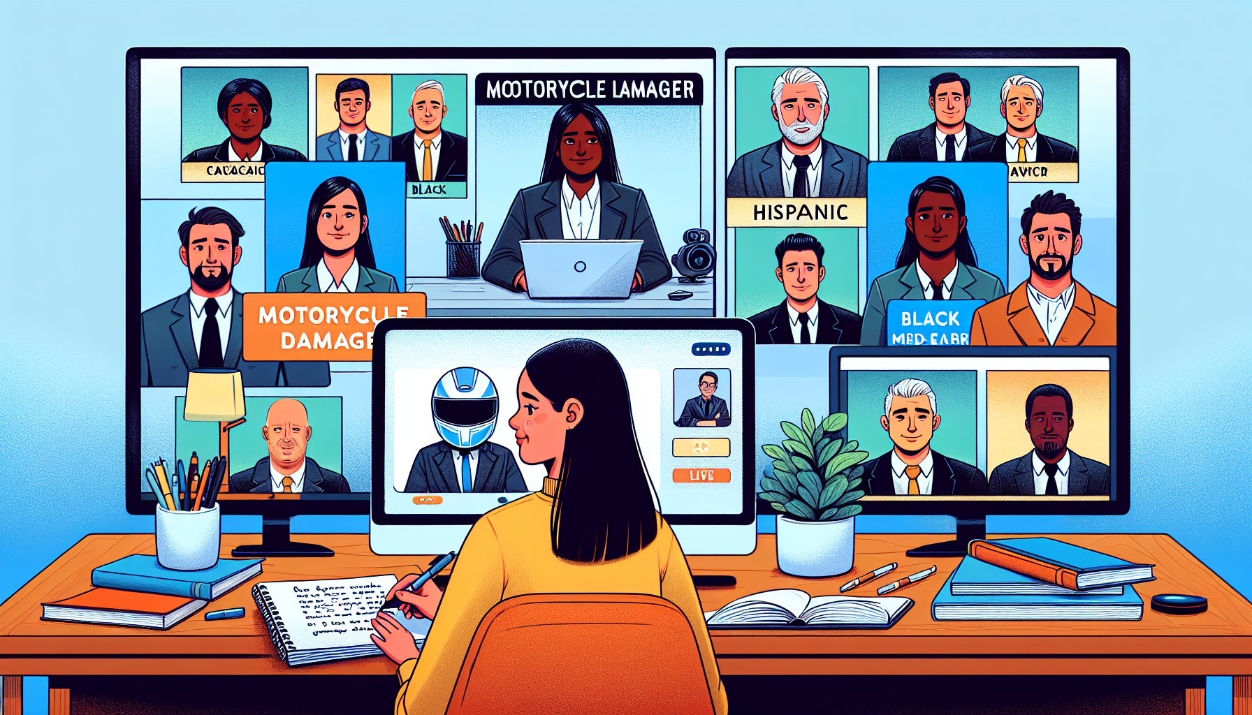 An image of a studious individual sitting at a desk, surrounded by multiple screens displaying various profiles of motorcycle damage lawyers, with a notepad full of written questions and important points. One screen shows a live consultation session in progress. The environment is a well-lit, organized office, symbolizing careful and thorough research into choosing the right lawyer.