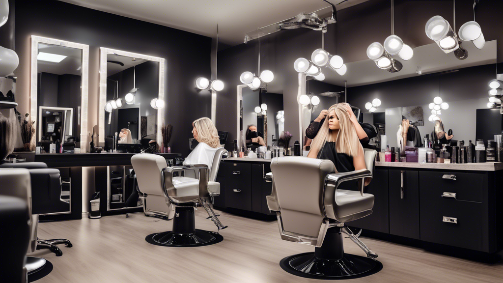 Create an image depicting a detailed and stylish hair salon setting. The scene shows a professional stylist carefully applying ash blonde foils to a client