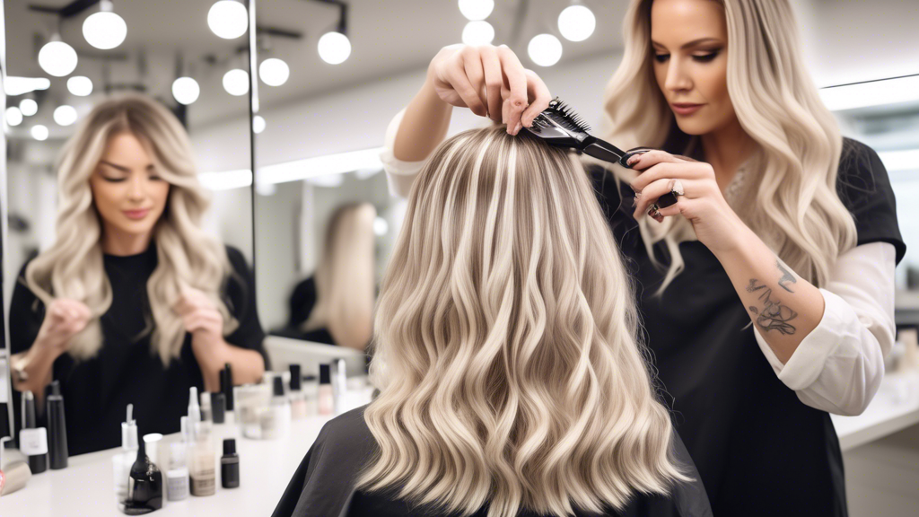 Create an image that shows a sophisticated and stylish hair salon setting with an expert stylist demonstrating top tips and tricks for achieving perfect ash blonde foils. The stylist is surrounded by high-quality hair products like specialized shampoos and conditioners, and there are visuals of common mistakes with ash blonde foils, like uneven coloring and brassiness, highlighted with 