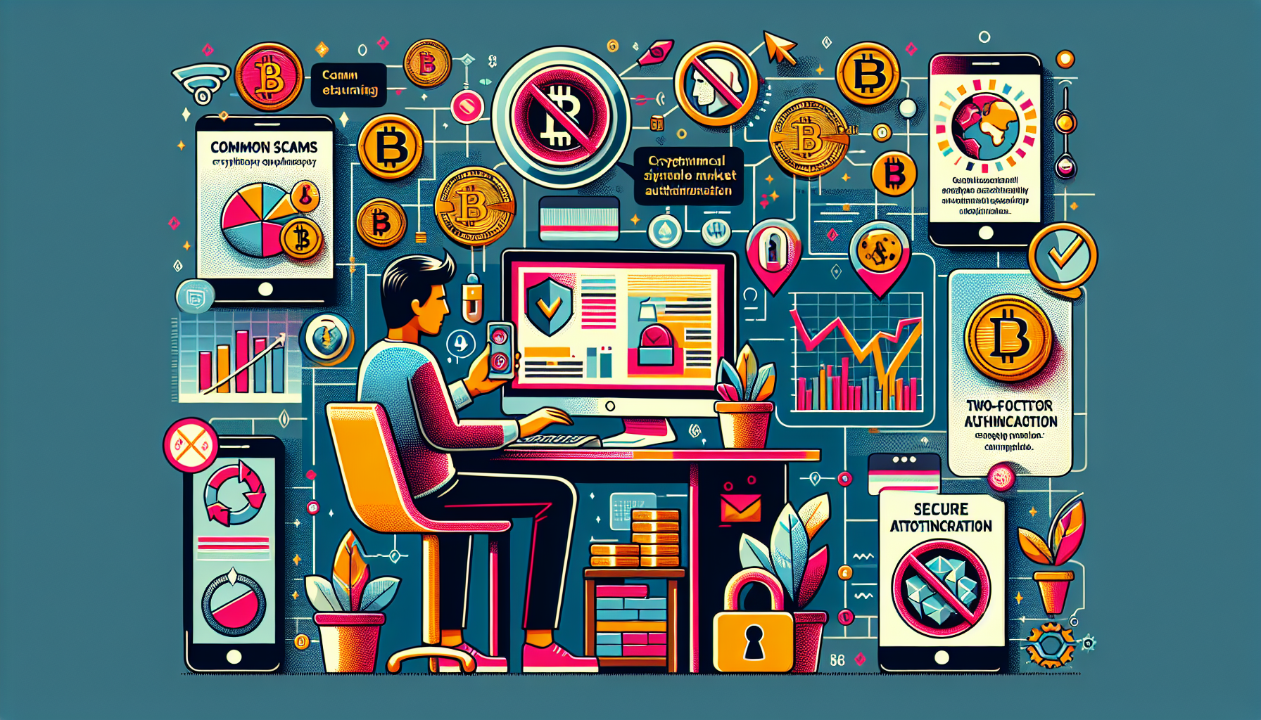 Prompt for DALL-E:

A vibrant and detailed illustration depicting a beginner navigating the cryptocurrency market safely. The image shows a person at a desk with a laptop open to a cryptocurrency exchange platform, using two-factor authentication on their phone. Surrounding them are various visual elements: icons representing common scams with a 