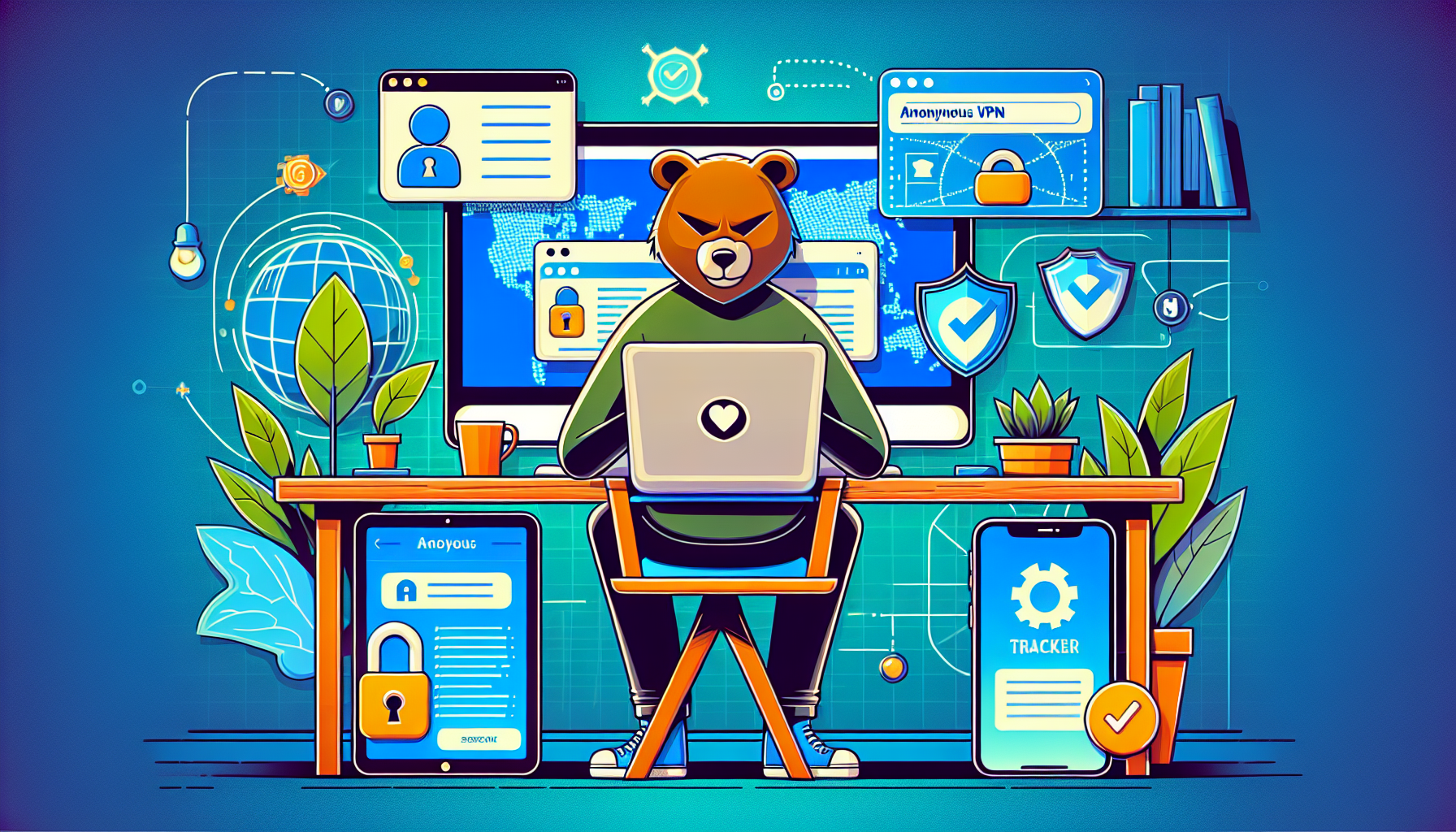 Create an image of a person sitting at a desk using a laptop with the TunnelBear application open on the screen, clearly showing the bear mascot and the world map interface. Around the desk, place various devices such as a smartphone and tablet, all displaying different TunnelBear features like tracker blocking and secure browsing mode. Include visual cues like padlocks, shields, and checkmarks to represent security and privacy. The background should be a cozy home environment with natural light, reinforcing a sense of safety and comfort.