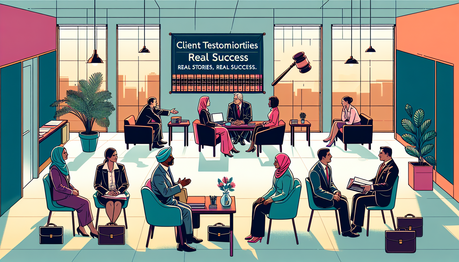 An inviting office setting of Jim Adler Law Firm with diverse clients sitting comfortably, speaking with empathetic lawyers, showcasing detailed case files and positive interactions. Above, a banner reads 