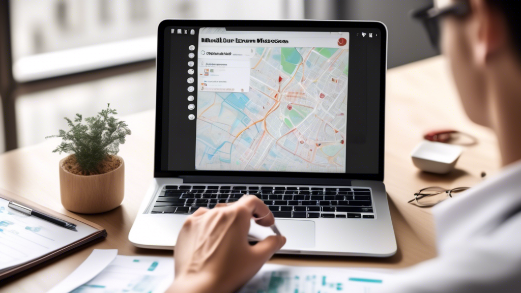 Create an image depicting a person using a smartphone or computer to search for Examen Médico para CDL Near Me. The screen should display a map with several marked locations of medical facilities, alongside a checklist that includes tasks such as Verify credentials and Check specialized services. The background should show a cozy and organized home office setup, complete with a desk, coffee cup, and plants. Ensure a mild, dedicated focus on the person engaged in the search, portraying a sense of diligence and readiness.