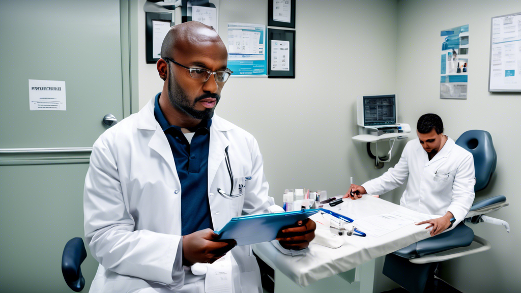 Create an image of a commercial truck driver sitting in a clean, modern medical examination room. The driver is holding a clipboard with forms, while a friendly doctor in a white coat gestures towards an eye chart on the wall. The room has various medical equipment, such as a stethoscope and blood pressure monitor, visible in the background. The atmosphere should be professional yet reassuring, indicating the comprehensive nature of the CDL medical exam. Include subtle signage that reads “Examen Médico para CDL” to tie in the specific context.