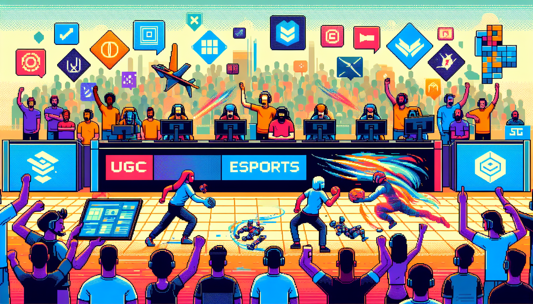 Create an image depicting a vibrant and dynamic scene from a UGC Esports tournament. Showcase a diverse group of players engaged in intense gameplay on custom-designed maps, with enthusiastic spectators cheering them on. Highlight the role of various platforms and tools by incorporating logos or interfaces of popular game creation software and streaming platforms. Capture the excitement and innovation that UGC Esports brings to the competitive gaming industry.