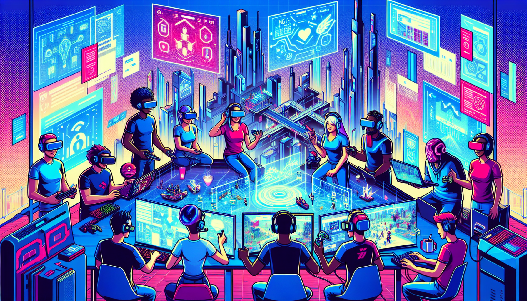 Create an image featuring a futuristic gaming arena where players are creating their own game levels and broadcasting them live. Include holographic displays showcasing emerging technologies like VR and AI assisting in game design. The background should depict a digital cityscape with billboards advertising upcoming user-generated content tournaments. Highlight a diverse group of gamers collaborating and discussing their creations, with some wearing VR headsets and others using advanced gaming tools. The atmosphere should feel energetic and innovative, symbolizing the opportunities and challenges of the future of UGC Esports.