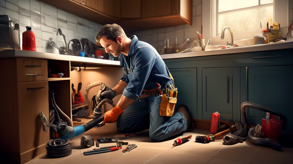 Create an image of a handyman kneeling beside an exposed drain pipe under a kitchen sink. He holds a set of tools in one hand and carefully examines the pipe with a flashlight. A toolbox and various repair materials such as pipe sealants, replacement segments, and a small drain snake are laid out neatly beside him. The background includes typical kitchen elements, giving a realistic and relatable setting. The image should depict a methodical approach to repair, showcasing the selection of appropriate materials and tools as outlined in the repair guide.