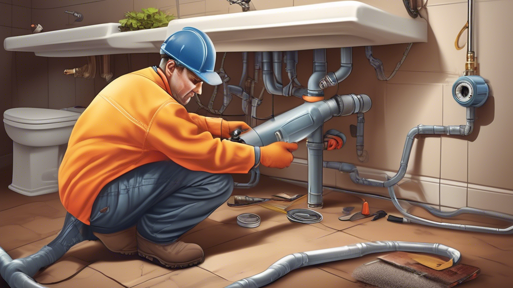 Create an image that clearly illustrates the concept of Preventative Maintenance and Long-Term Solutions for Drain Pipes. The scene should depict a homeowner or professional technician using a variety of preventative maintenance techniques to ensure the longevity of the drain pipes. Include elements like a person applying a protective coating to a section of pipe, performing routine inspections with a camera, and showing proper waste disposal methods. The setting can be a clean, well-maintained household environment with visible plumbing indicative of recent and ongoing care. Make sure the image captures a sense of proactive care and advanced techniques for long-term solutions to drain pipe issues.