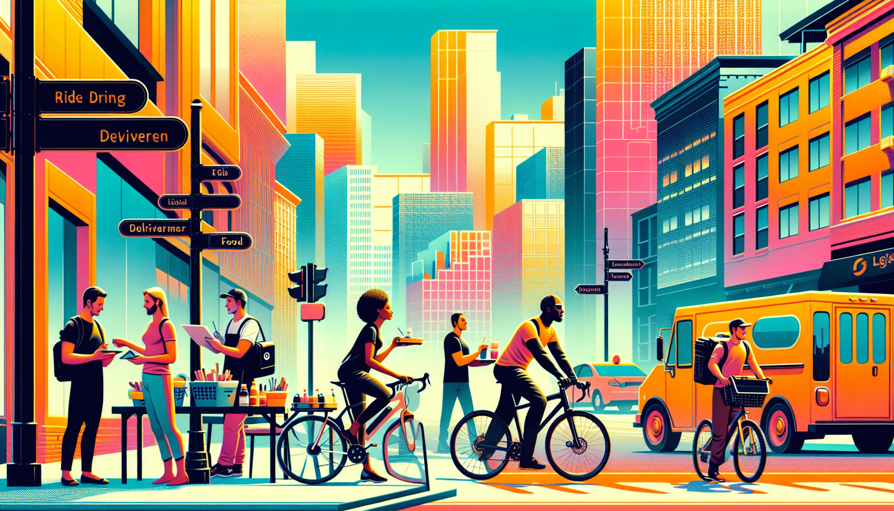 Create an image showing a dynamic street scene featuring various gig economy workers engaging in their tasks. Illustrate a driver for ride-sharing services picking up a passenger, a person delivering a food order on a bicycle, and someone completing a handyman task like assembling furniture. Incorporate branding elements subtly to depict platforms like Uber, Lyft, and TaskRabbit. Include a mixture of vibrant and subtle hues to convey the bustling yet flexible nature of gig economy work. The scene should capture the essence of maximizing earnings with flexibility and should look energetic and modern.