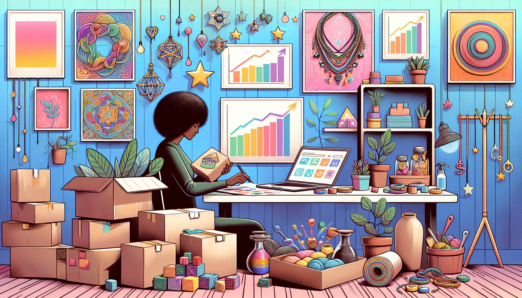 Create an image of a home workspace filled with various handmade products like jewelry, artwork, and crafts. Display a laptop showing online marketplaces like Etsy, eBay, and Amazon on the screen, with an artist in the background carefully packaging a product for shipment. Include success indicators, such as customer reviews or sales charts, and a cozy, creative atmosphere to emphasize the transformation of hobbies into a profitable business.