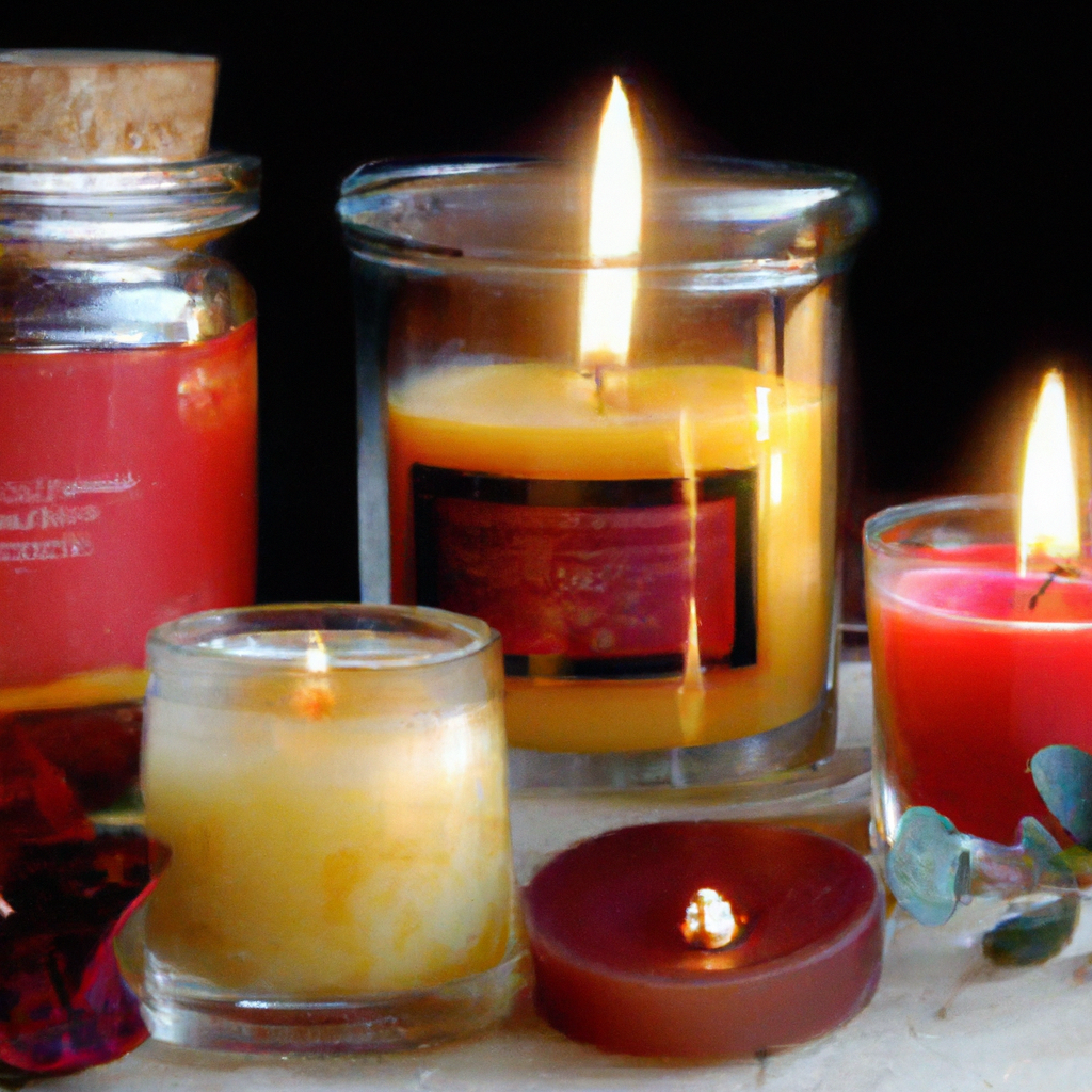 Create a vibrant and inviting image featuring an array of New Zealand made scented candles. Showcase candles infused with local flora such as manuka, pohutukawa, and kawakawa, arranged on a rustic table. Include hints of seasonal decoration to represent changing scents, like spring flowers and autumn leaves. Make sure the setting feels warm and artisanal, emphasizing the unique, custom blends crafted by local NZ artisans.