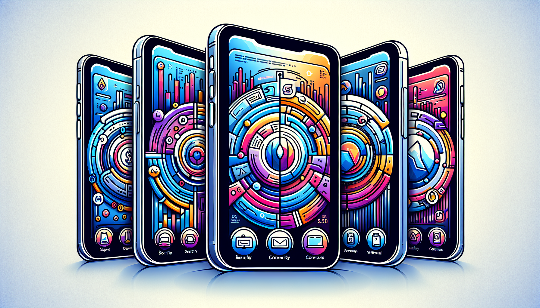 Create a high-quality digital illustration showcasing the top 5 crypto trading apps: Binance, Coinbase, Kraken, eToro, and Bitfinex. Each app should be represented by its unique logo and interface on a modern smartphone screen. Arrange the phones in a semi-circle, highlighting key features beneath each screen, such as user interface, security, commissions, and withdrawal options. Use a clean, professional style with vibrant colors to make the image appealing and informative.