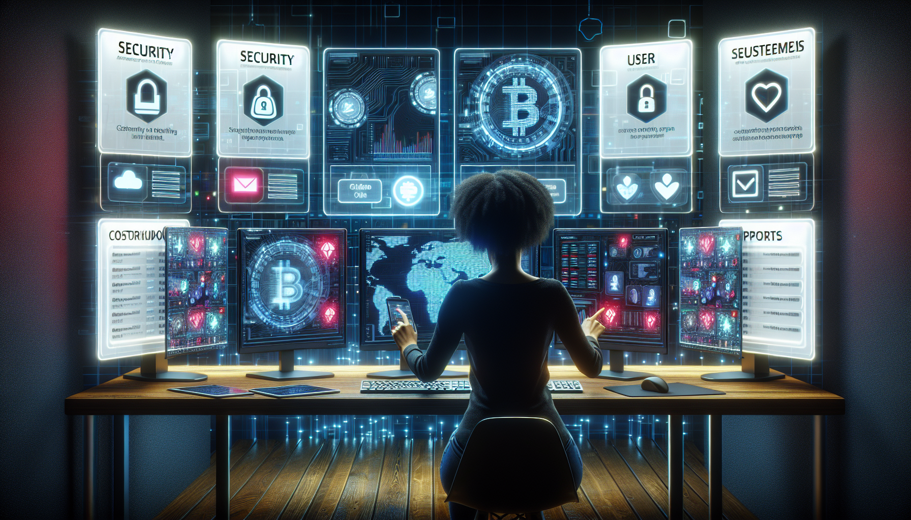 Create an image depicting a person carefully selecting the best crypto trading app for their portfolio. The scene should include a modern digital workspace with multiple monitors displaying various crypto trading platforms (like Binance, Coinbase, Kraken, eToro, and Bitfinex) side by side for comparison. Include a checklist showing factors such as security, user reviews, and customer support. Emphasize the step-by-step process of setting up the app on a smartphone, with a focus on security features and ease of use. Make the environment sleek and professional, reflecting a high-tech and user-focused approach to trading.