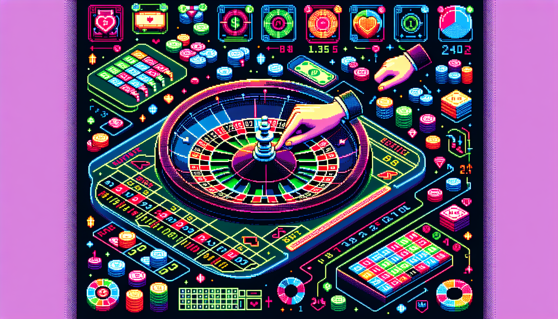 An engaging graphic showing the rules and strategies of roulette: A roulette table with a detailed layout, different types of bets clearly labeled, and a hand placing a bet on an outer section. Surrounding the table, illustrate various betting systems like Martingale and Fibonacci with simple iconography and text. Include tips and strategic advice in callout bubbles to guide beginners on improving their chances of winning at roulette.