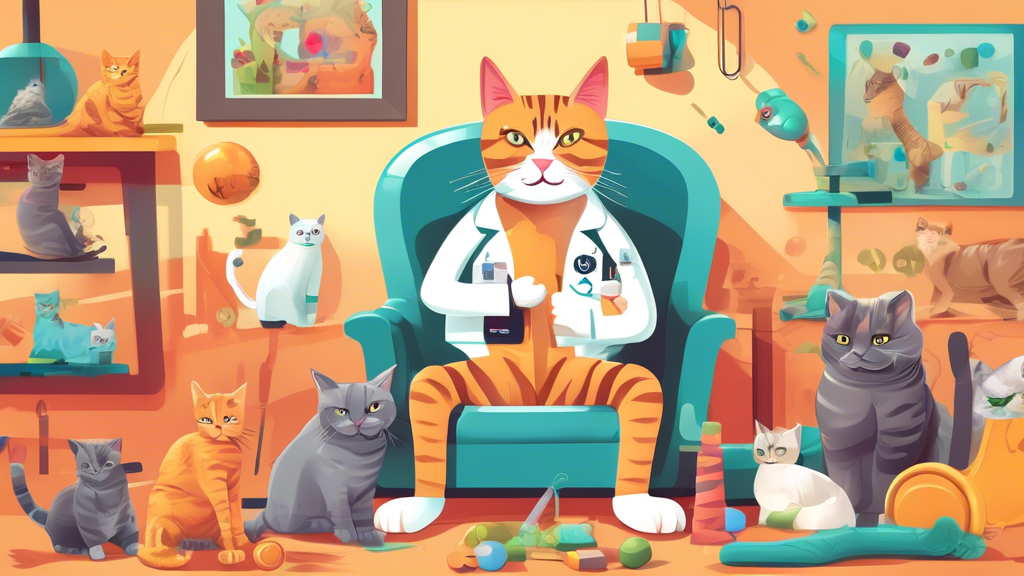 Create an image of a desexed male cat surrounded by various environmental enrichment items such as cat trees, scratching posts, and interactive toys, while a veterinarian and an animal behaviorist consult in the background.