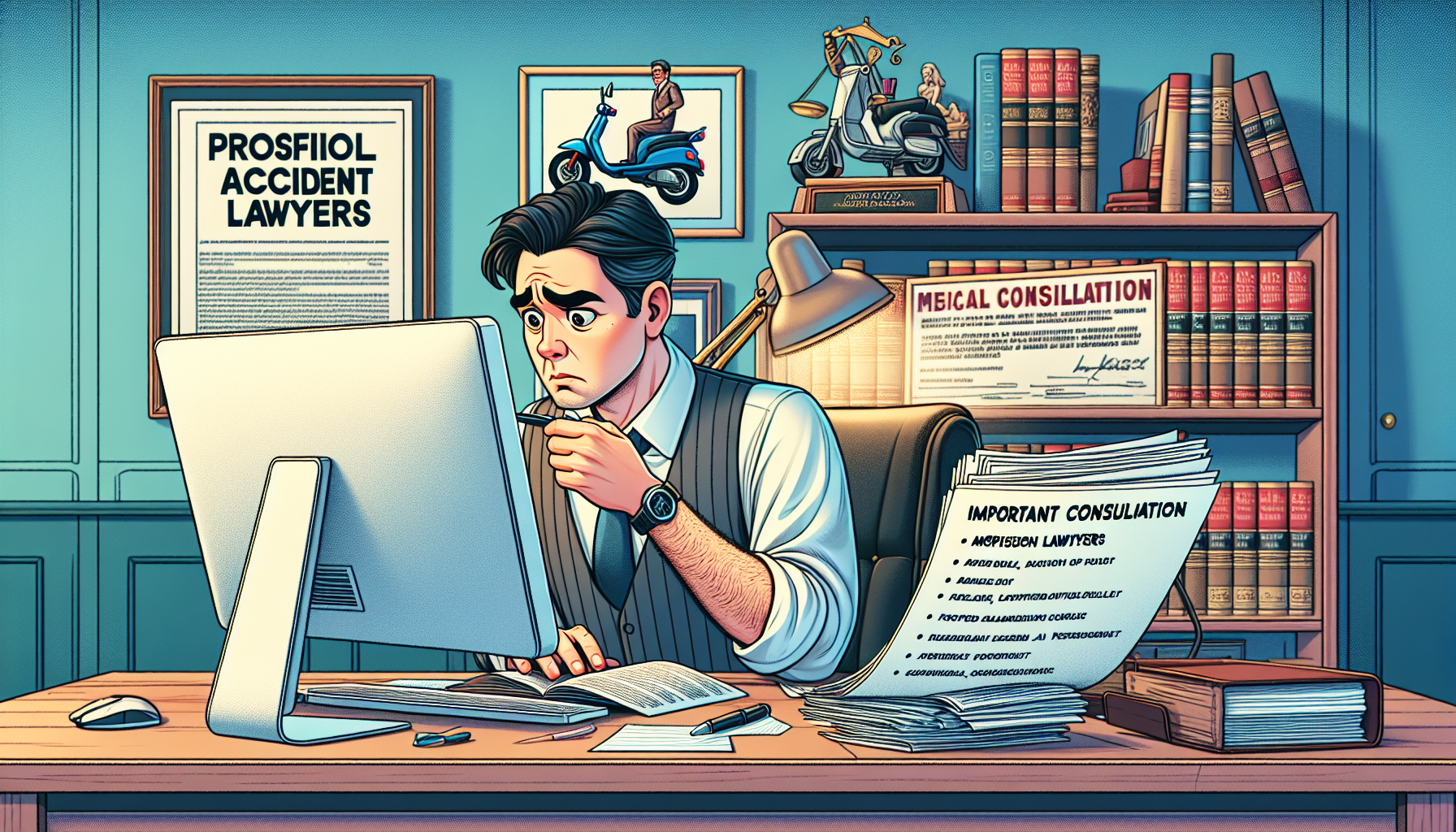 Visualize a concerned individual researching on a computer in a cozy home office, browsing through images of professional moped accident lawyers, with visible notes and a checklist highlighting important consultation questions. In the background, a bookshelf holds legal texts and a framed law degree, invoking a serious, studious atmosphere.