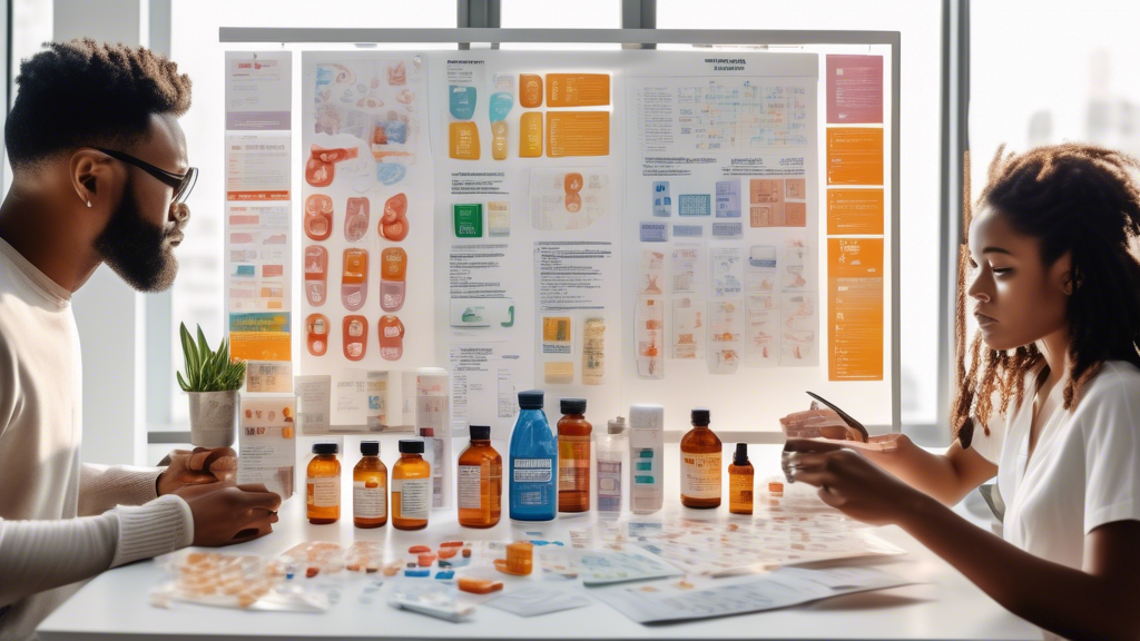 An analytical workspace scene with a large transparent board filled with charts, graphs, and scientific data about Vitamin B1