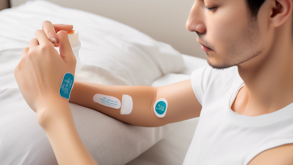 Create an image showing a person carefully applying an Akalo Vitamin B1 hangover patch to their upper arm, focusing on technique. Include a visual guide or sidebar that highlights tips for optimal placement and skin preparation, along with icons representing complementary hangover prevention practices like drinking water and getting adequate sleep. Ensure the setting is calm, perhaps in a cozy room, to convey a sense of care and preparation in using the patches safely and effectively.