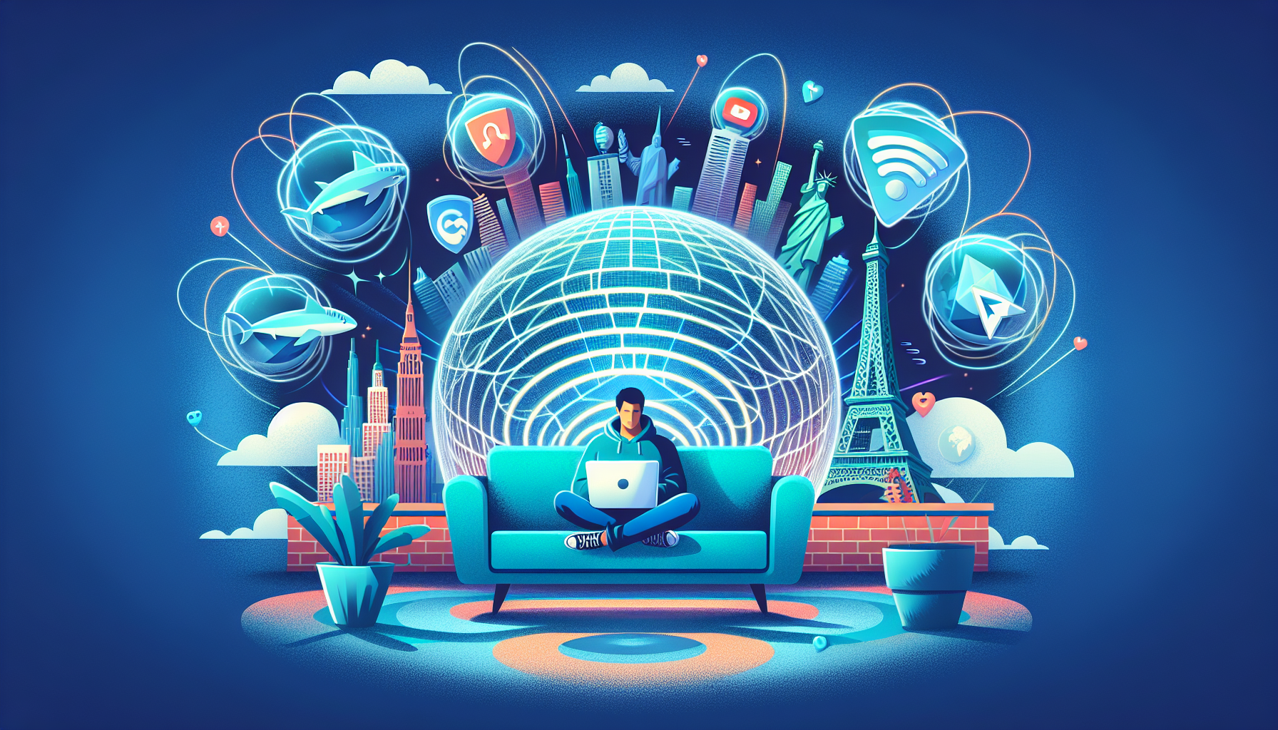Illustration of a person sitting on their couch at home using a laptop, surrounded by floating, transparent virtual tunnels that represent the VPN connections. The background shows a variety of global landmarks such as the Eiffel Tower, the Statue of Liberty, and the Sydney Opera House. Icons for popular streaming platforms like Netflix, Disney+, and Hulu appear within the floating tunnels. The Shark VPN logo is subtly integrated into the design to emphasize the service.