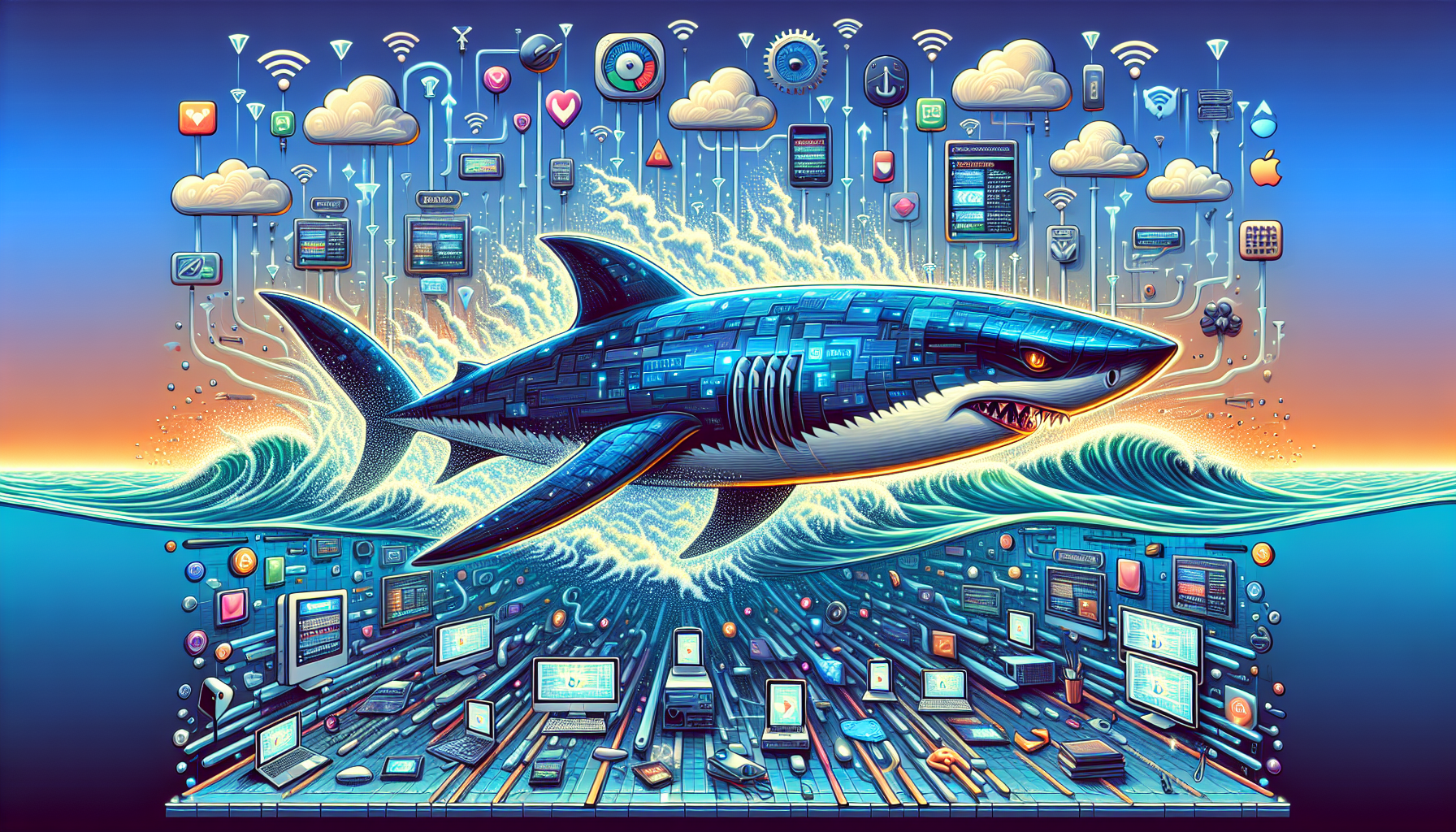 Create an image showing a sleek, stylish shark mascot wearing tech gear and swimming through a digital ocean of data streams. The shark is connected to various devices such as smartphones, tablets, and laptops, all showing strong, stable connection signals. Surround this scene with symbols of speed and compatibility, like speedometers and icons representing different operating systems (Windows, macOS, Android, iOS). Include user reviews in small speech bubbles around the edges, praising the Shark VPN for its performance and reliability. Art style should be modern and slightly futuristic.