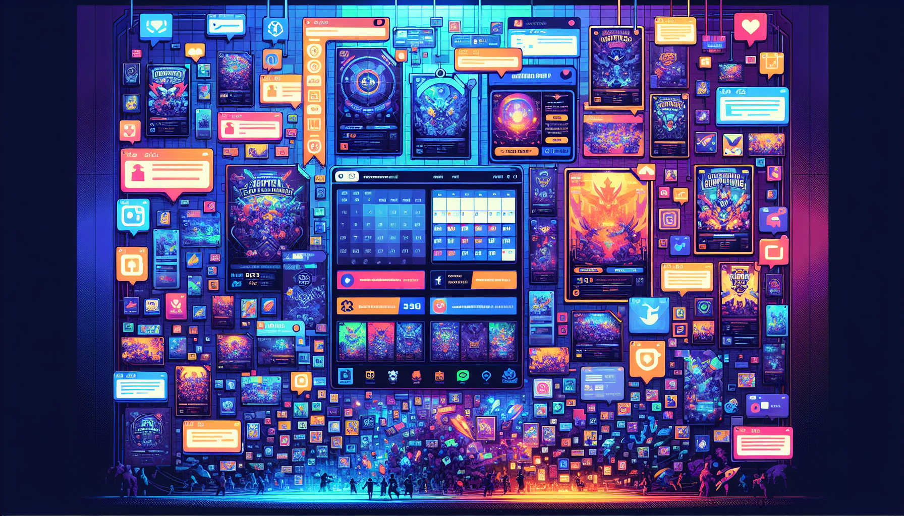 Generate an image that showcases a vibrant digital bulletin board or user interface displaying the latest local esports tournament updates. The scene should include a mix of event posters, calendar dates, and notifications from popular online resources, social media platforms, and mobile apps. Ensure the image conveys a sense of excitement and community engagement, highlighting the various ways fans can stay informed about upcoming esports events in their area.