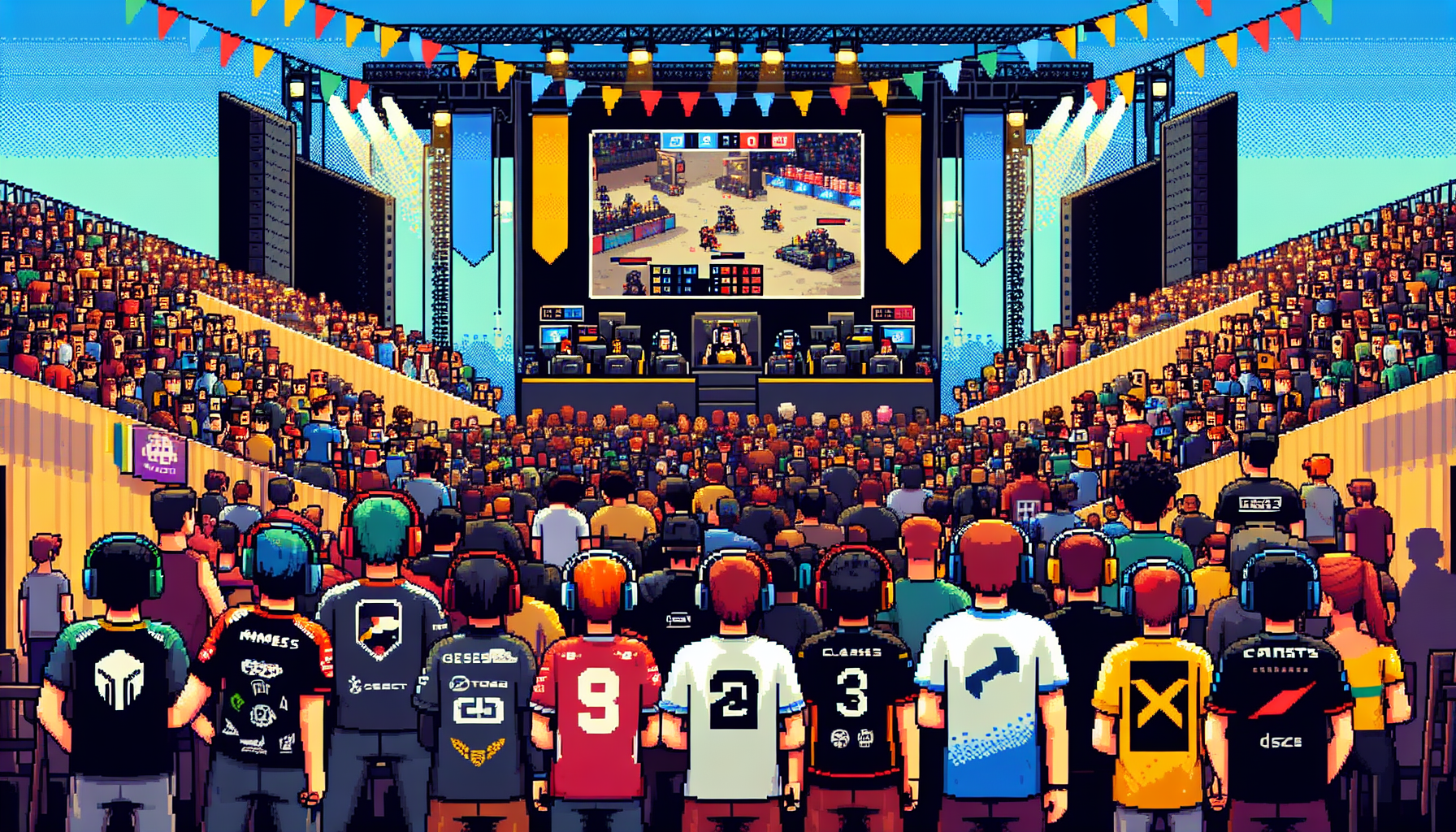 Create an image of a lively esports tournament in a vibrant local venue. The scene is filled with enthusiastic fans cheering, colorful banners, and giant screens displaying gameplay. In the foreground, attendees are equipped with essential gaming gear – headphones, jerseys, lanyards, and posters. Small groups of people are seen networking and chatting, capturing the excitement and camaraderie of the event. Make sure to include diverse, passionate fans and gamers to convey the community spirit.