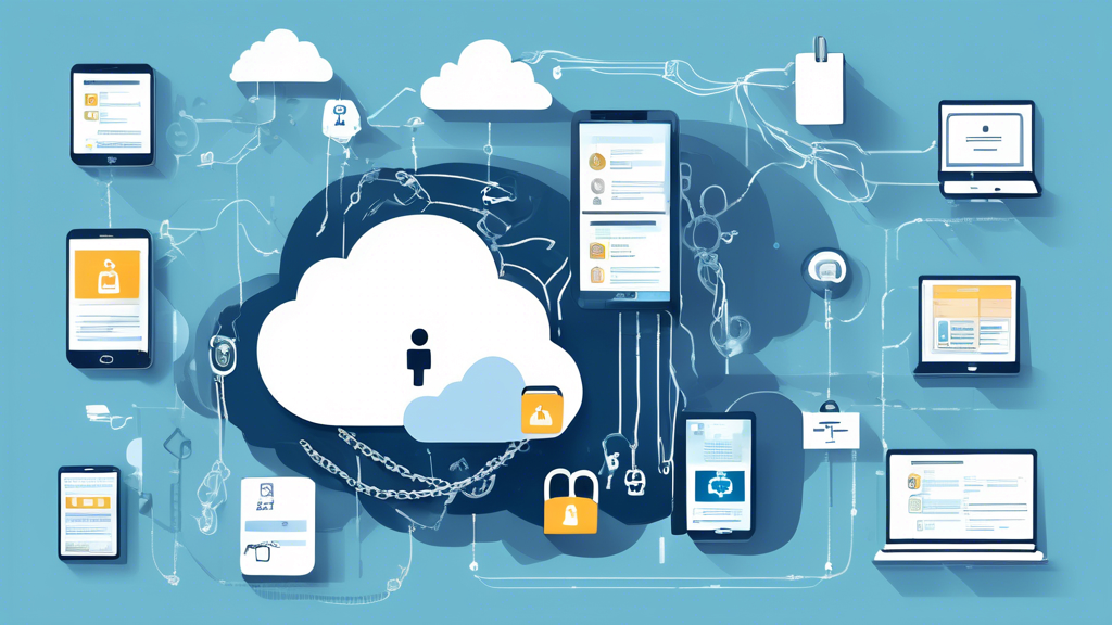 Create an image showcasing the best practices for cloud security. The scene should feature a cloud server icon secured with robust locks and chains, illustrating effective access controls and authentication. Surround the cloud server with symbols of data encryption, such as encrypted data keys and encrypted files, to highlight encryption techniques. Incorporate compliance badges and legal documents to represent adherence to data protection laws and industry standards. The overall style should be modern and professional, using clear and easily recognizable icons and symbols.