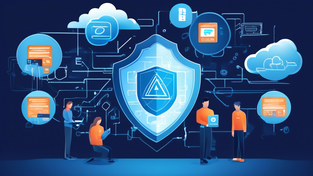 DALL-E prompt: An illustration of advanced technologies and tools enhancing cloud security. The scene shows a secure cloud network represented by a cloud icon encased in a digital shield. Surrounding the cloud are various tech elements such as firewalls, encryption symbols, IDPS (Intrusion Detection and Prevention Systems), and security updates notifications. Engineers in the background monitoring screens displaying real-time data and security metrics highlight ongoing oversight. The overall color scheme includes blues and whites to symbolize digital security and the cloud.