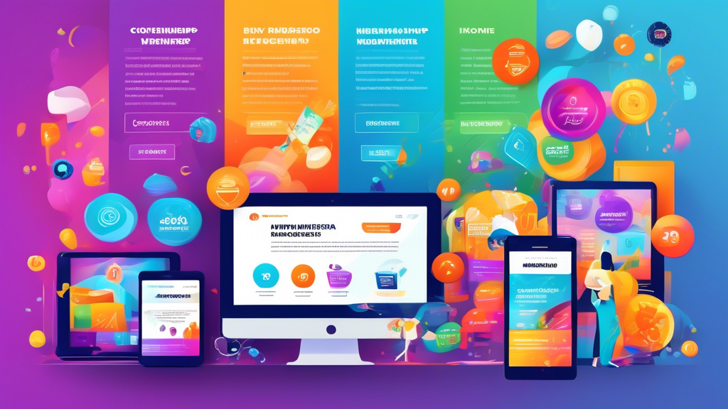A visually engaging image of a modern website home page incorporating various income streams: affiliate marketing banners with prominent 