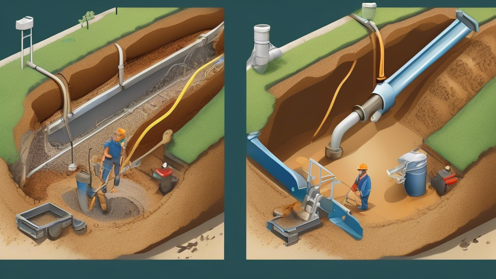 Create a high-resolution illustration that visually compares Traditional and Trenchless Sewer Line Repair methods. The image should depict two sections: one showing the Traditional repair method with a large trench dug up and workers with shovels and machinery, and the other section depicting the Trenchless method with minimal disruption, demonstrating technologies like pipe bursting or cured-in-place pipe lining. Include labels and brief annotations to highlight the pros and cons of each repair method and clarify how each approach impacts the property. The setting should be a typical residential neighborhood, with green lawns, homes, and trees to provide context.