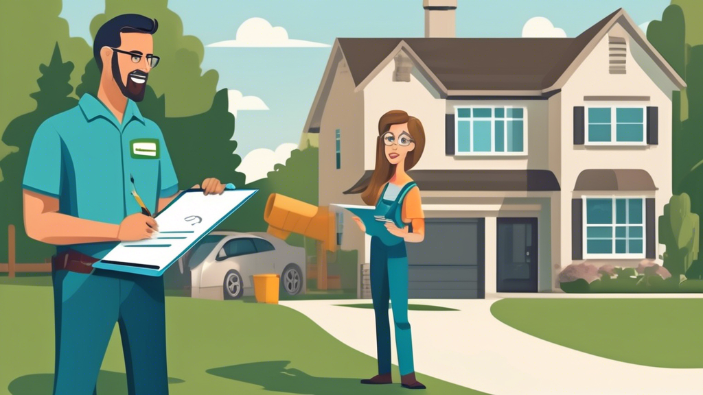 Create an image illustrating a confident homeowner talking to a professional sewer line repair technician. The scene should show them standing next to a sewer line access point with diagnostic tools nearby. The technician holds up a clipboard with visible certifications and licensure documents, while the homeowner asks questions. Background elements: a suburban setting, neatly maintained lawn, and tools like a sewer camera or pipe inspection equipment highlighting the high quality and professional nature of the service.