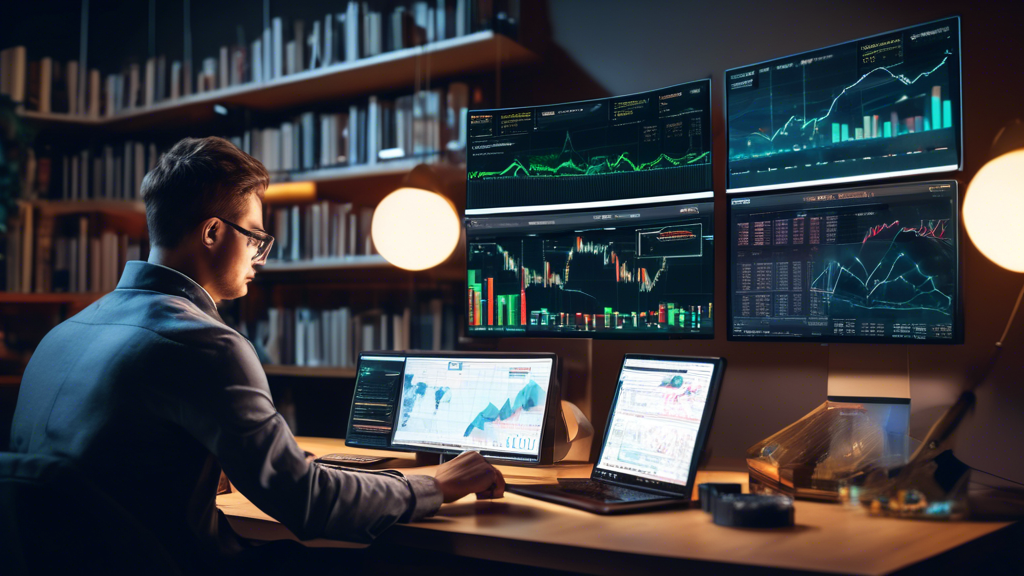 Create a high-resolution image depicting the following:

A modern digital workspace with multiple computer monitors displaying cryptocurrency trading charts and analytics. One monitor shows a well-known cryptocurrency exchange interface. In the background, a bookshelf filled with financial books and a globe symbolizes global trading. A person is seated, attentively reading a cryptocurrency regulation guidebook. Nearby, a calendar marked with upcoming cryptocurrency webinars and events highlights the importance of continual education. The overall ambiance should be professional, organized, and focused on productive trading.