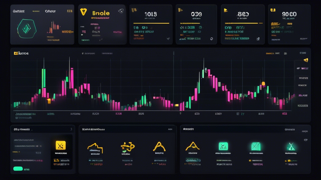 Create an image of a sleek, modern digital interface displaying various features of Binance trading. Show a trader analyzing multiple trading pairs, charts with technical indicators, and advanced tools like margin and futures. Include elements like candlestick charts, order types, and annotations explaining each feature, set against a backdrop of cryptocurrency symbols and a vibrant stock market atmosphere. Highlight the user interacting with these tools on a computer screen, encapsulating the essence of Binance