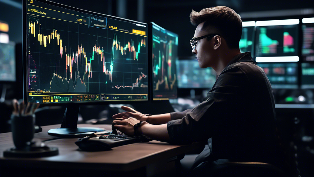 Create an image showing a dynamic Binance trading environment. At the center, depict a confident trader surrounded by charts, graphs, and trading indicators on a large computer screen. Display the trader’s hand poised above a mouse, ready to make a trade, showcasing active engagement. Around the main image, include smaller visual elements like icons representing 