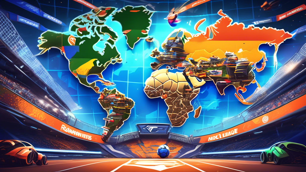 A dynamic and vibrant graphic showcasing the excitement of prominent regional Rocket League tournaments. Illustrate a world map highlighting different continents with iconic stadiums and Rocket League cars zooming across, symbolizing the competition. Include diverse crowds cheering, regional flags, and imagery representing new talents being discovered. The overall vibe should be energetic and celebratory, reflecting the impact of regional tournaments on the global Rocket League scene.