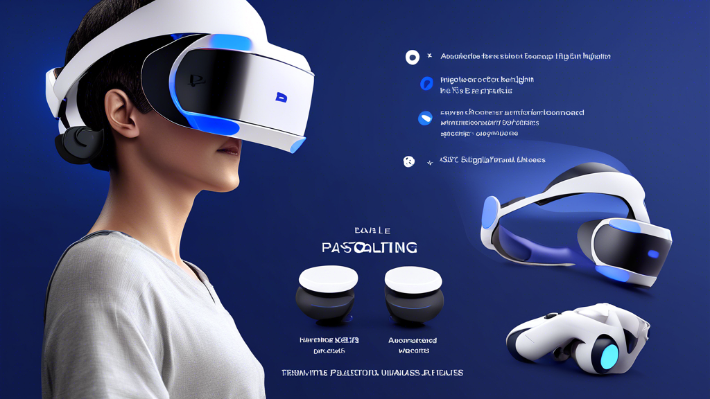 DALL-E prompt: Create a high-resolution image showcasing the PlayStation VR2 with a focus on its key features and benefits. Highlight the advanced specifications, such as high-definition visuals, immersive audio, and ergonomic design. Include text bubbles or labels pointing out unique selling points like enhanced tracking and exclusive game titles. Incorporate customer review snippets that reflect positive user experiences, emphasizing satisfaction and value. The background should subtly echo a gaming environment, with a modern, high-tech aesthetic.