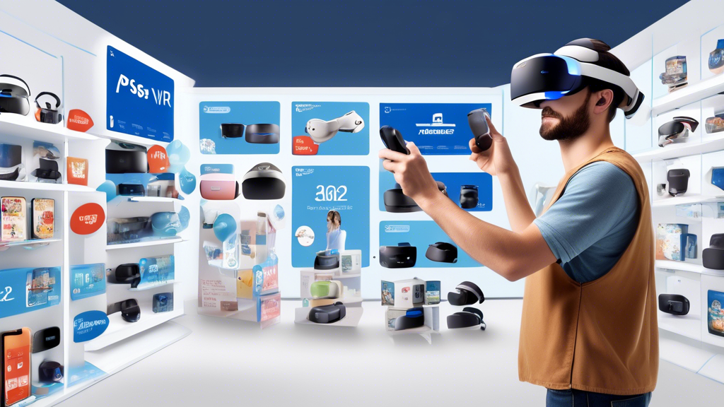 Create an image showing a shopper looking at a store display with different versions of the PS VR2, highlighting various sales tags, discount banners, and special bundle offers. The shopper should have a smartphone in hand, with icons of popular retail apps and websites (like Amazon, Best Buy, and GameStop) visible on the device