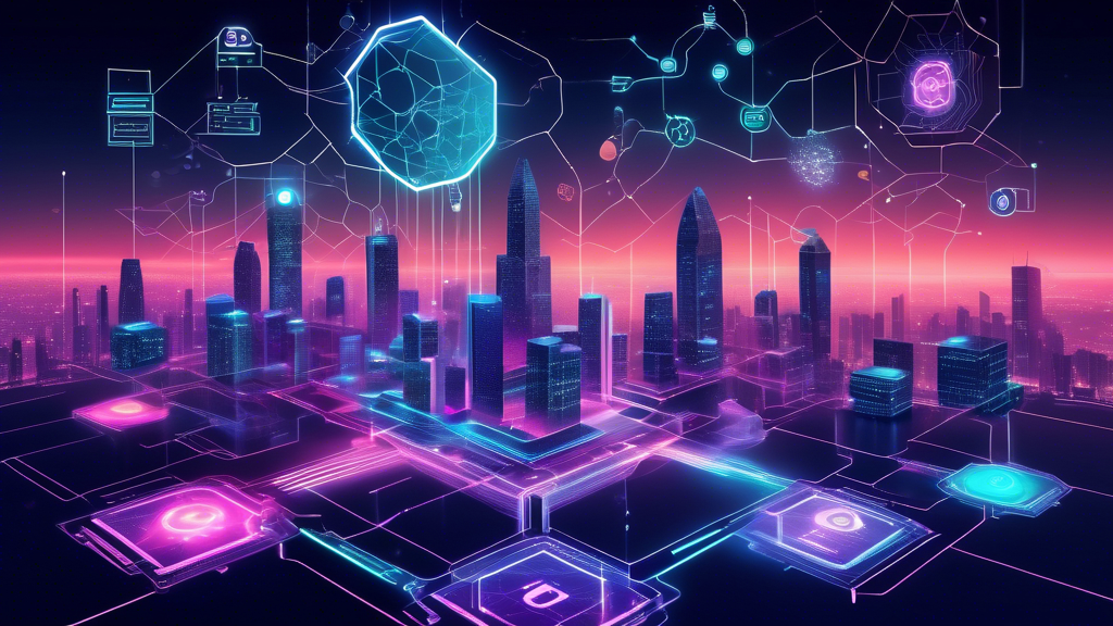 Create an image of a futuristic digital landscape featuring blockchain technology, decentralized finance (DeFi) platforms, and various protocols represented by glowing icons and schematics. The central focus should be on key components and mechanisms of based finance crypto, with visual representations of DeFi, blockchain nodes, smart contracts, and leading crypto projects. The scene should convey innovation, interconnectedness, and the complex yet collaborative nature of the based finance ecosystem.