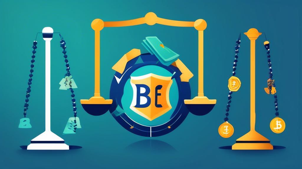 Create an image that illustrates the pros and cons of engaging with based finance crypto. Depict a balanced scale where one side represents the benefits and opportunities with icons like a rising graph, money bag, and shield for security. The other side represents potential risks and challenges with icons like a warning triangle, broken chain, and gavel for regulation. The background should incorporate elements like blockchain networks and digital currency symbols to tie into the cryptocurrency theme.