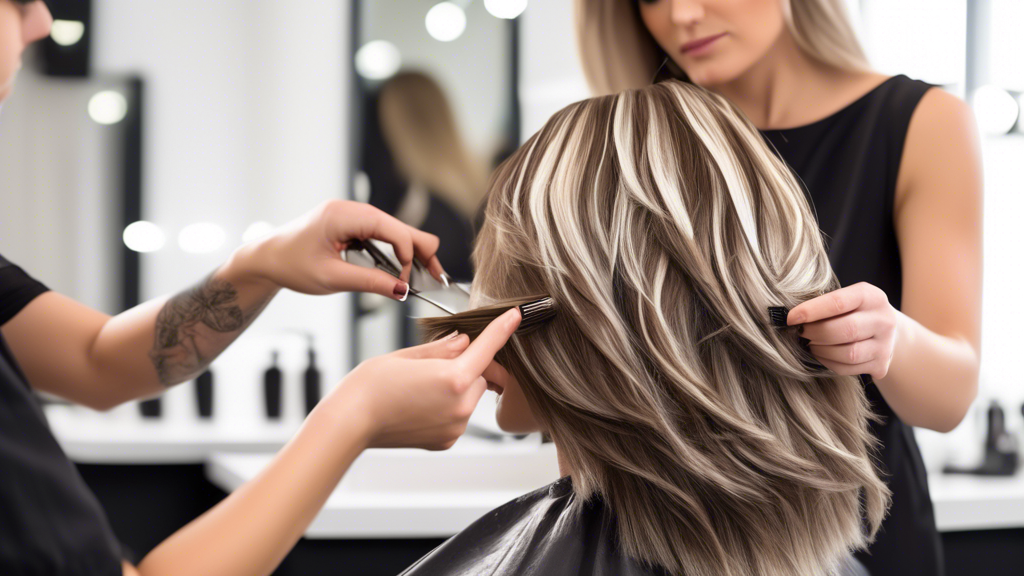 Create an image showing a hairstylist in a modern salon carefully applying ash blonde foils to a client