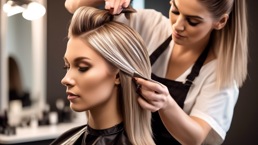 Create an image showing a professional hairstylist in a modern salon, expertly applying ash blonde foils to a model with brown hair. The scene should depict a clean and trendy environment, with the stylist using high-quality tools. Emphasize the precision and care the stylist takes, close-up on the foils being neatly applied. Include background details such as hair care products and other salon tools, and ensure the atmosphere reflects professionalism and expertise.