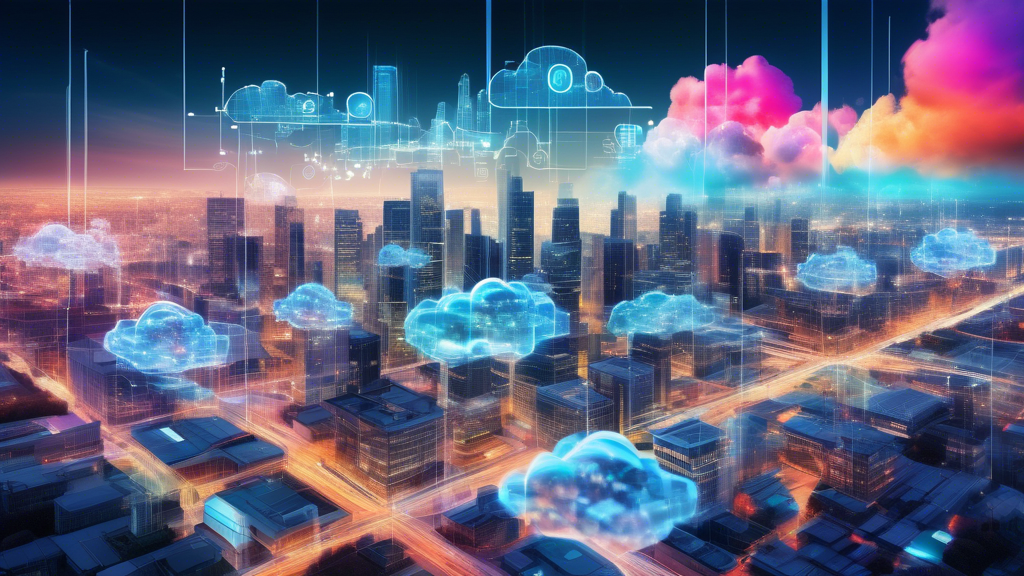 Create an image that showcases the application possibilities of cloud servers in various industries. The image should include a dynamic, futuristic cityscape featuring corporate buildings, e-commerce platforms, research laboratories, and tech hubs all interconnected through a vibrant, colorful digital cloud network. This digital overlay illustrates data and computational resources flowing seamlessly between sectors, emphasizing flexibility, scalability, and reliability. Key elements like data analytics, secure transactions, and collaborative research should be highlighted through icons and graphics. The atmosphere should be forward-looking and innovative, reflecting the diverse and expanding use cases of cloud servers. Text labels such as Enterprise Applications, E-Commerce, and R&D should clearly identify each sector within the image.