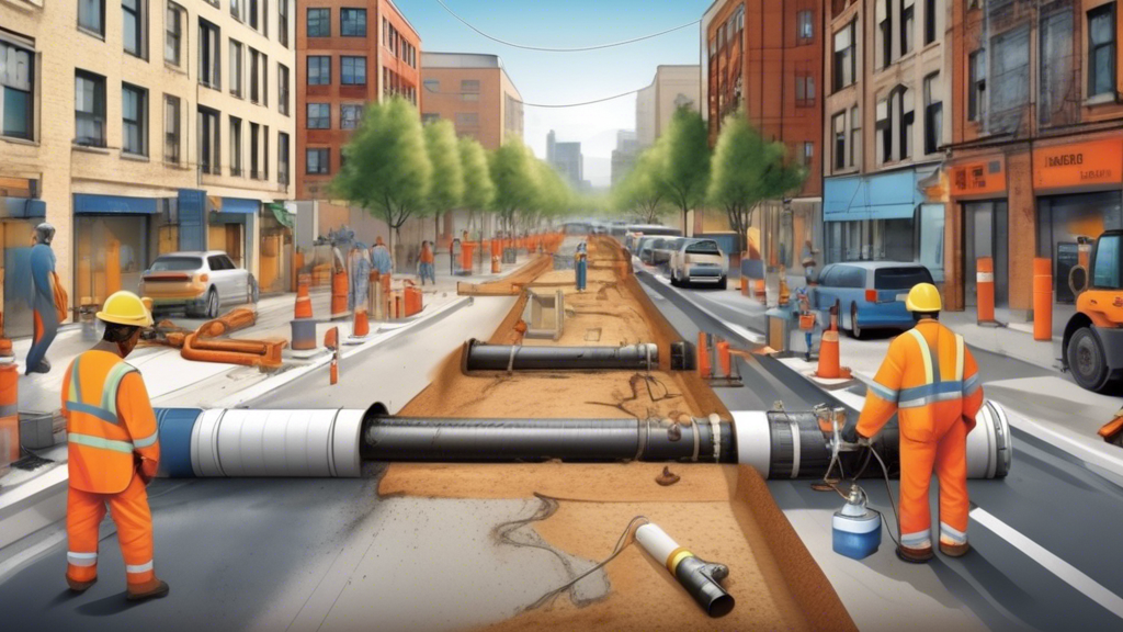 A cross-sectional view of a urban street showcasing modern techniques for efficient sewage pipe repair. The image should illustrate trenchless pipe repair being conducted under the street without any large-scale excavation, alongside a detailed depiction of pipe relining and pipe bursting methods. It should highlight the benefits of these non-invasive repair techniques, featuring workers in safety gear using advanced machinery, and seamless pipe sections being inserted or replaced underground.