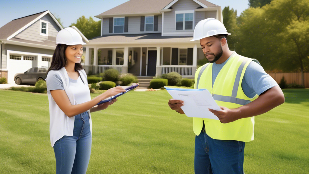 A clean and professional scene featuring a homeowner discussing sewage pipe repair options with a contractor. The contractor is holding a clipboard with checkboxes, while the homeowner is pointing to a section of the yard. In the background, visible plumbing tools and equipment indicate repair work. Inset images show close-ups of contract terms, cost estimates, and warranty details, emphasizing the importance of choosing the right sewage pipe repair service.